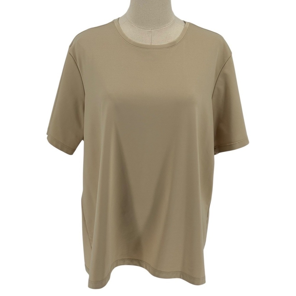 Atlantique Woman Short Sleeve Top Tan Beige Stretch Crew Neck 1X‎